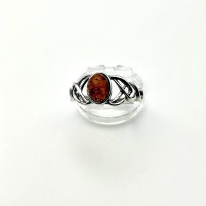 Sterling Silver Celtic-Style Ring with Oval Baltic Amber – Intricate Knot Design