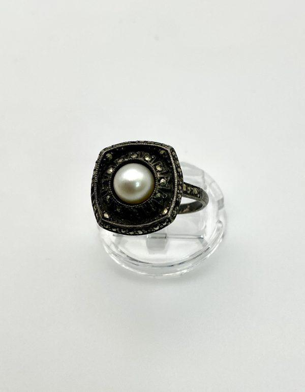 Vintage Sterling Silver, Pearl & Marcasite Ring – Size O – 6.1g