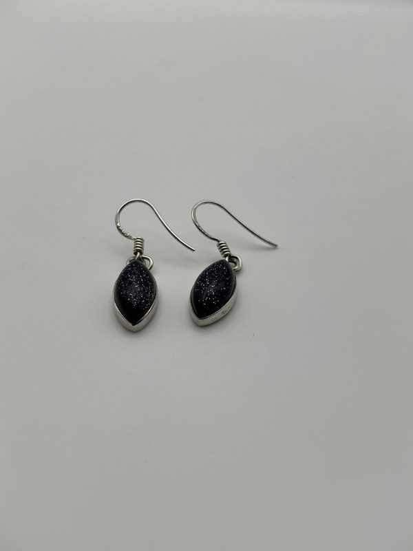 Sterling Silver Drop Earrings with Marquise Blue Goldstone – Sparkling Deep Blue