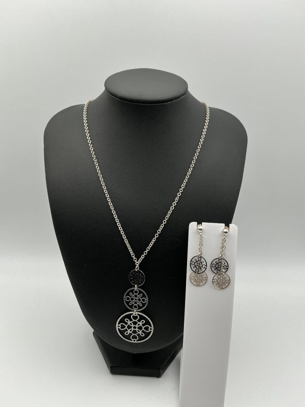 Sterling Silver Filigree Pendant Necklace & Earrings Set – Geometric Medallion Design - Image 2