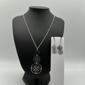 Sterling Silver Filigree Pendant Necklace & Earrings Set – Geometric Medallion Design