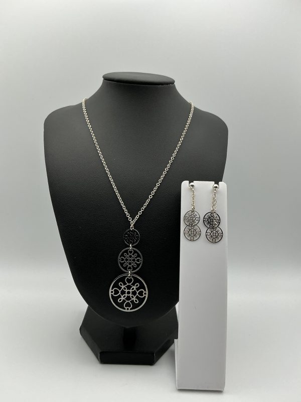 Sterling Silver Filigree Pendant Necklace & Earrings Set – Geometric Medallion Design