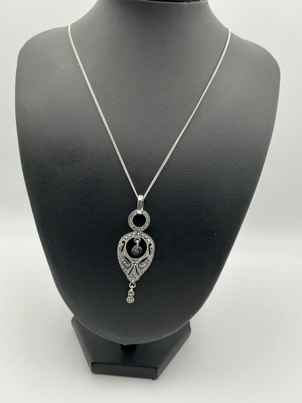 Art Deco Style Silver & Marcasite Pendant on 18" Silver Chain