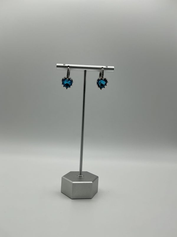 Silver Earrings with Heart-Cut Blue Stones & Pavé Accents – Leverback Design - Image 5