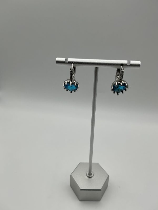 Silver Earrings with Heart-Cut Blue Stones & Pavé Accents – Leverback Design - Image 4