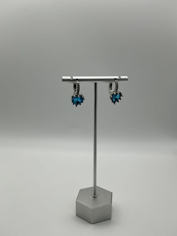 Silver Earrings with Heart-Cut Blue Stones & Pavé Accents – Leverback Design - Image 6