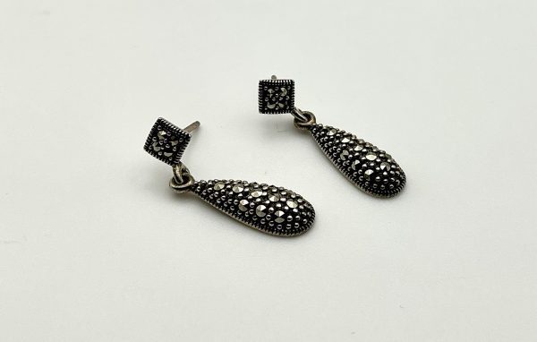Art Deco 925 Silver Vintage Marcasite Teardrop Earrings - Image 2