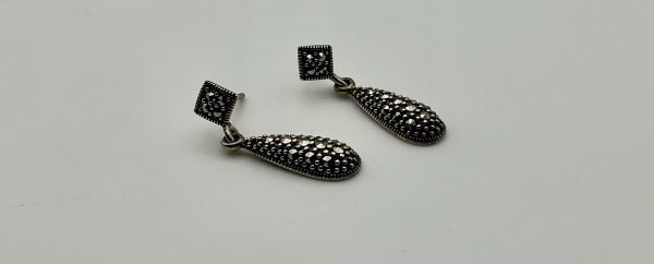 Art Deco 925 Silver Vintage Marcasite Teardrop Earrings - Image 4