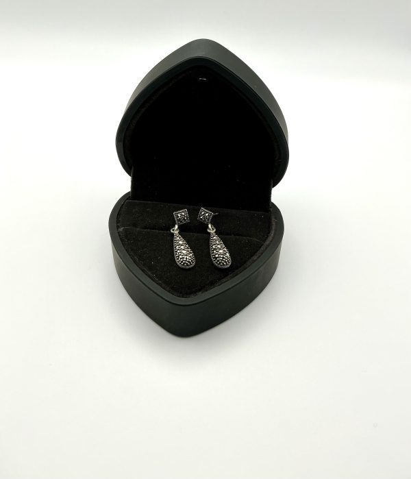 Art Deco 925 Silver Vintage Marcasite Teardrop Earrings - Image 3