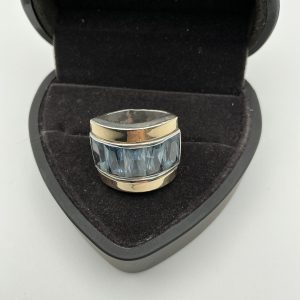 Large heavy 925 Silver & 14ct Gold Wide Band Ring with Aquamarine Inlay