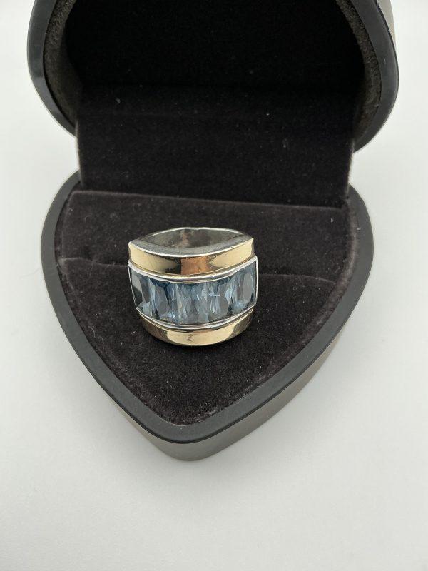 Large heavy 925 Silver & 14ct Gold Wide Band Ring with Aquamarine Inlay