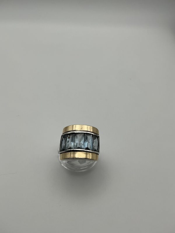Large heavy 925 Silver & 14ct Gold Wide Band Ring with Aquamarine Inlay - Image 6