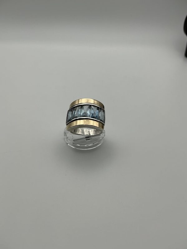 Large heavy 925 Silver & 14ct Gold Wide Band Ring with Aquamarine Inlay - Image 5