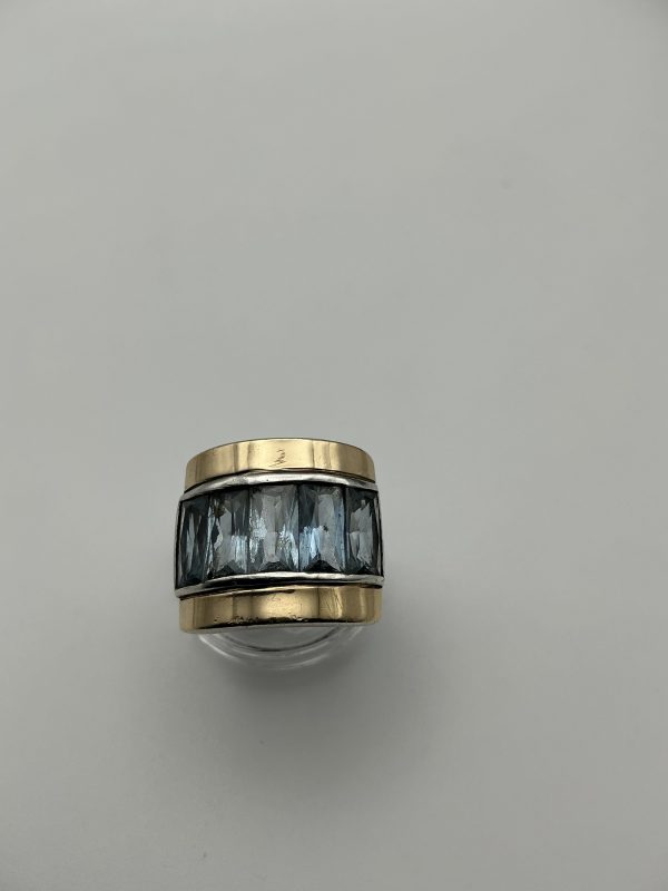 Large heavy 925 Silver & 14ct Gold Wide Band Ring with Aquamarine Inlay - Image 7