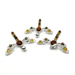 Sterling Silver Dragonfly Pendant with Mixed Baltic Amber