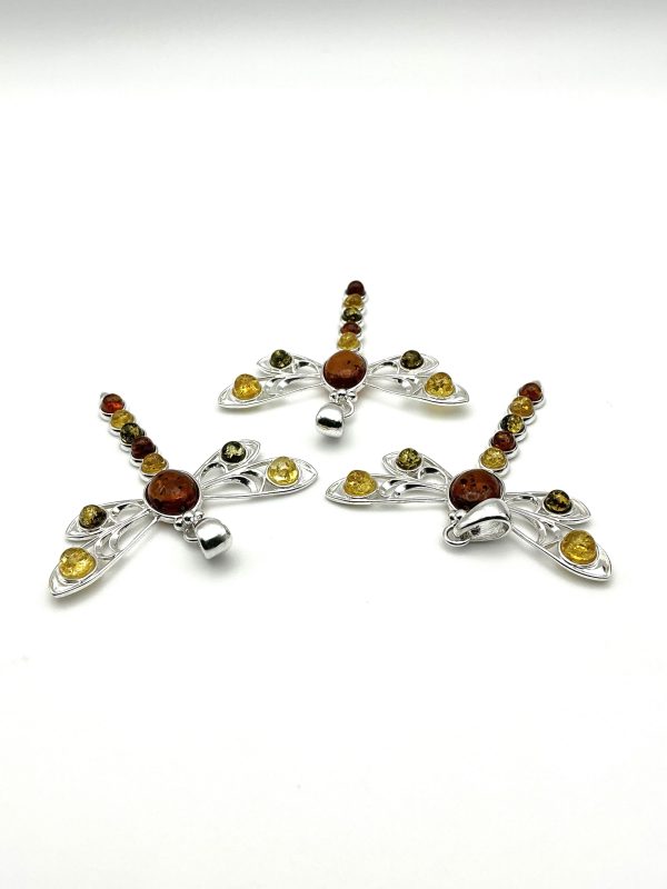 Sterling Silver Dragonfly Pendant with Mixed Baltic Amber