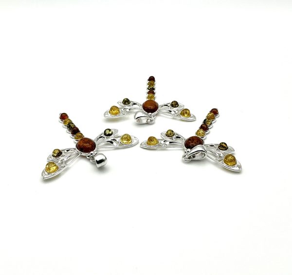 Sterling Silver Dragonfly Pendant with Mixed Baltic Amber - Image 3