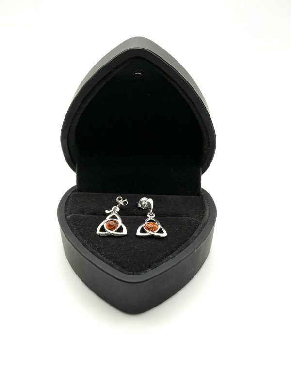 Sterling Silver Triquetra Drop Earrings with Baltic Amber - Image 4