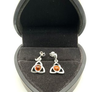 Sterling Silver Triquetra Drop Earrings with Baltic Amber