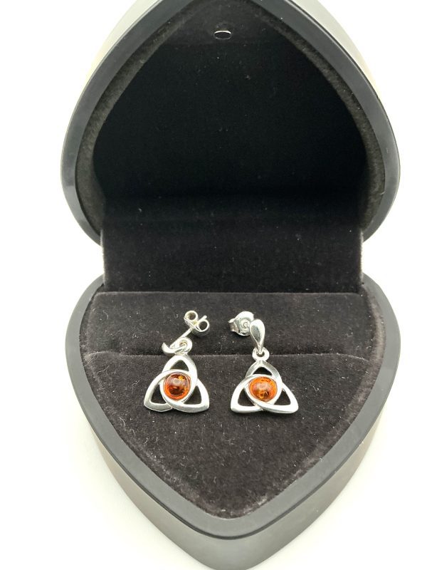 Sterling Silver Triquetra Drop Earrings with Baltic Amber