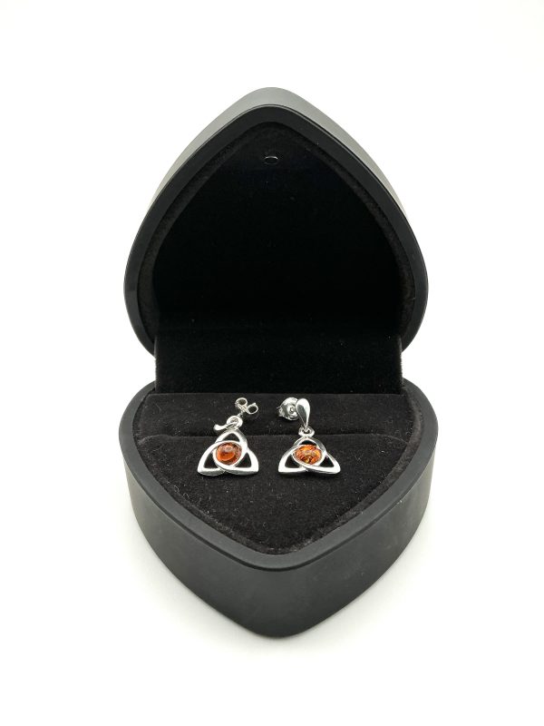 Sterling Silver Triquetra Drop Earrings with Baltic Amber - Image 2