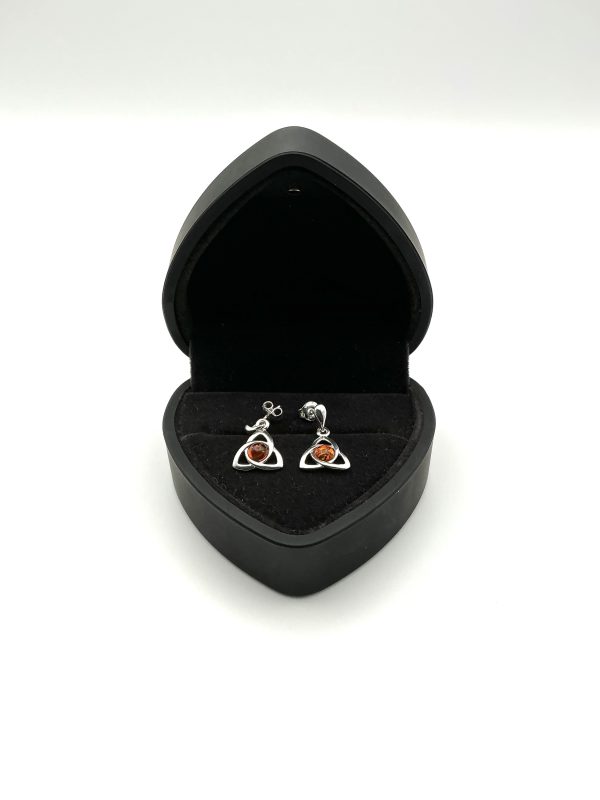 Sterling Silver Triquetra Drop Earrings with Baltic Amber - Image 3