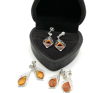 Sterling Silver Drop Earrings with Baltic Amber – Leaf-Inspired Openwork Design