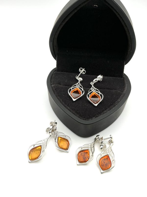 Sterling Silver Drop Earrings with Baltic Amber – Leaf-Inspired Openwork Design