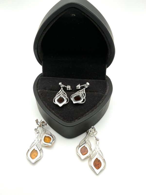 Sterling Silver Drop Earrings with Baltic Amber – Leaf-Inspired Openwork Design - Image 3