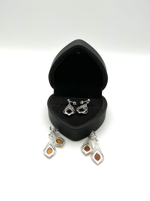 Sterling Silver Drop Earrings with Baltic Amber – Leaf-Inspired Openwork Design - Image 4