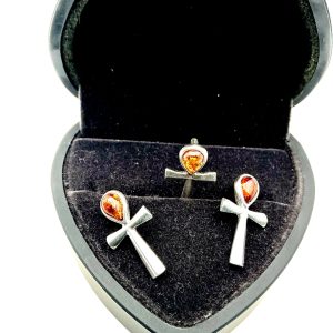 Sterling Silver Ankh Cross Pendant with Baltic Amber