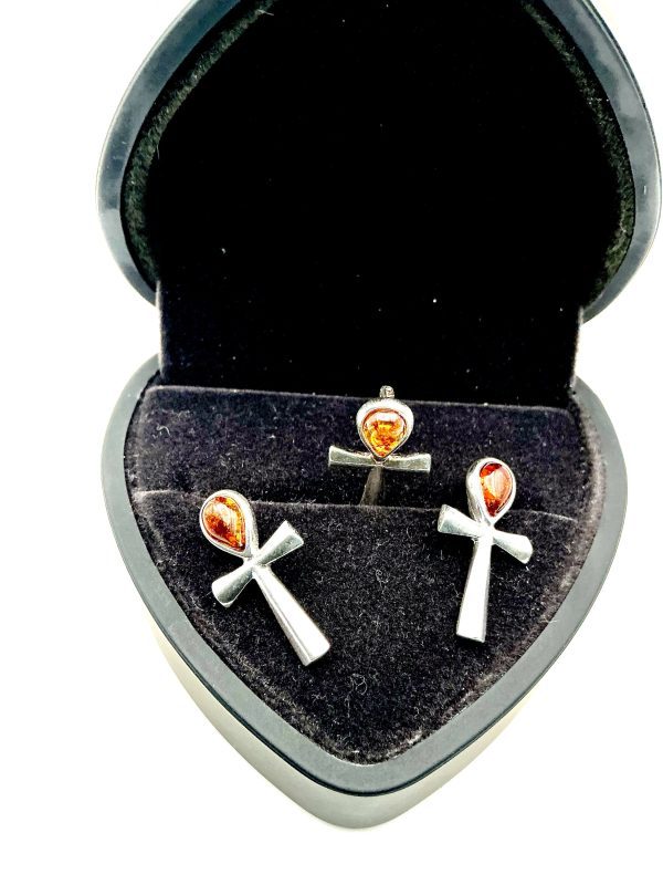 Sterling Silver Ankh Cross Pendant with Baltic Amber