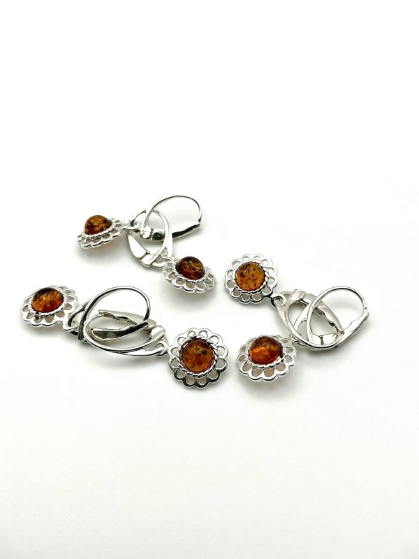 Sterling Silver & Baltic Amber Drop Earrings – Filigree Petal Design - Image 6