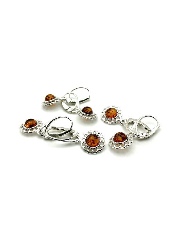 Sterling Silver & Baltic Amber Drop Earrings – Filigree Petal Design - Image 4