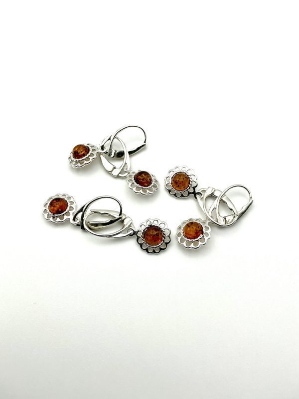 Sterling Silver & Baltic Amber Drop Earrings – Filigree Petal Design - Image 3