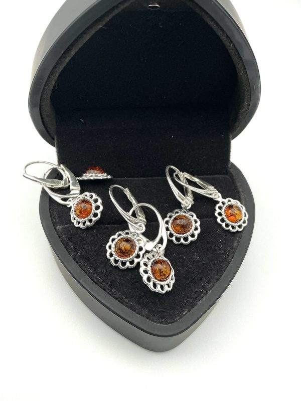 Sterling Silver & Baltic Amber Drop Earrings – Filigree Petal Design - Image 5