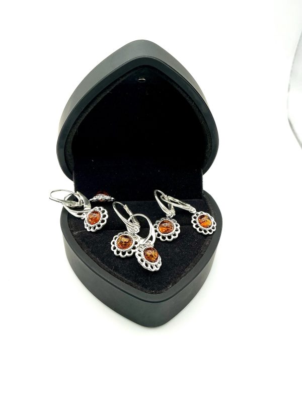Sterling Silver & Baltic Amber Drop Earrings – Filigree Petal Design - Image 2
