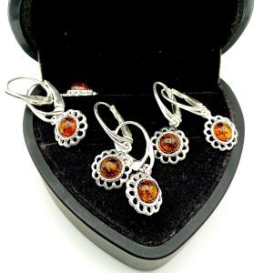Sterling Silver & Baltic Amber Drop Earrings – Filigree Petal Design