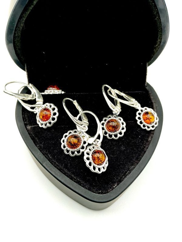 Sterling Silver & Baltic Amber Drop Earrings – Filigree Petal Design