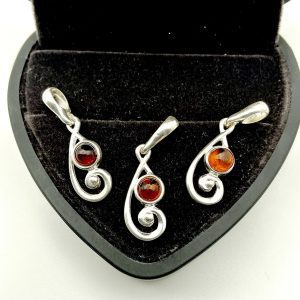 Sterling Silver Swirl Pendant with Cognac Baltic Amber