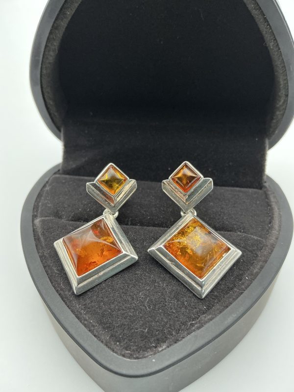 Sterling Silver Geometric Drop Earrings with Baltic Amber – Modern Art Deco Style - Image 2