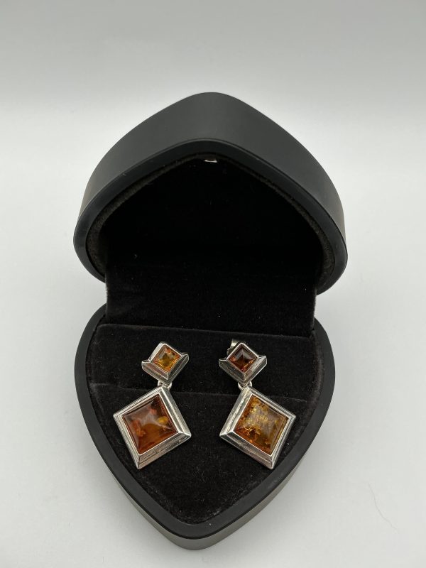Sterling Silver Geometric Drop Earrings with Baltic Amber – Modern Art Deco Style - Image 5