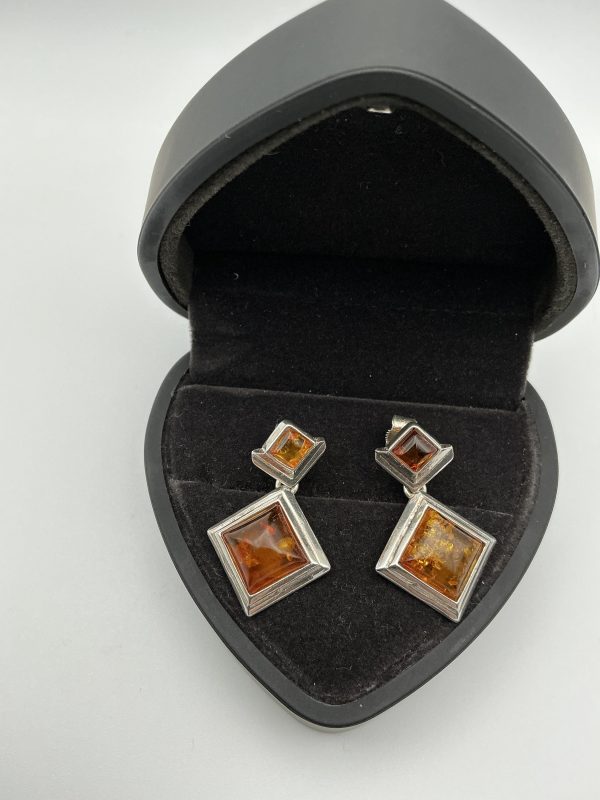 Sterling Silver Geometric Drop Earrings with Baltic Amber – Modern Art Deco Style - Image 3