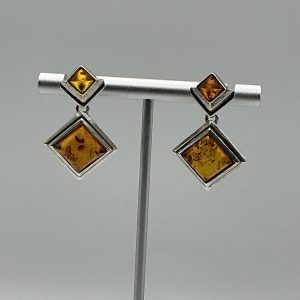 Sterling Silver Geometric Drop Earrings with Baltic Amber – Modern Art Deco Style