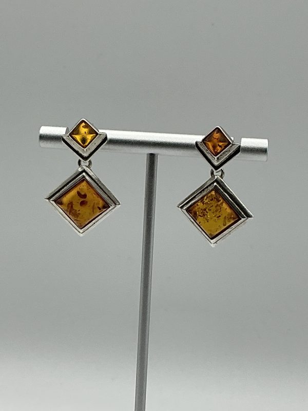 Sterling Silver Geometric Drop Earrings with Baltic Amber – Modern Art Deco Style