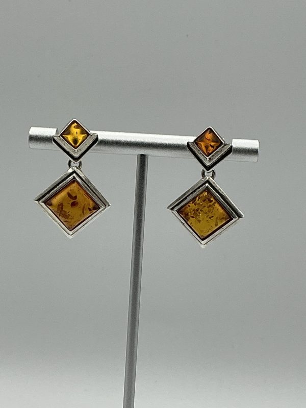 Sterling Silver Geometric Drop Earrings with Baltic Amber – Modern Art Deco Style - Image 4