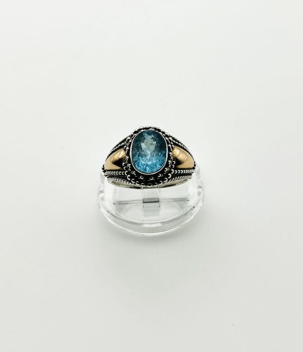 Blue Topaz Ring – Sterling Silver & 18ct Gold Accent Statement Ring