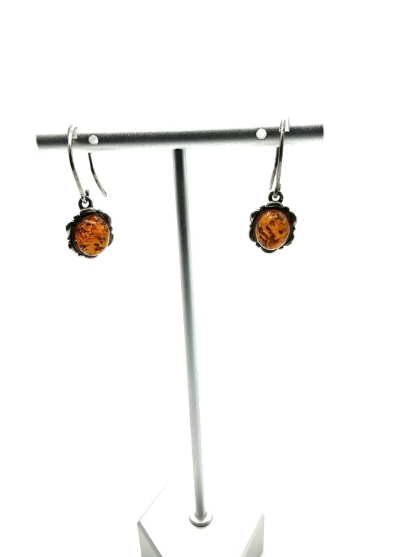Sterling Silver Drop Earrings with Oval Amber Cabochons – Vintage Style