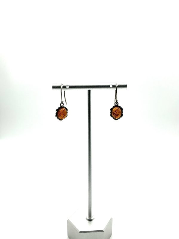 Sterling Silver Drop Earrings with Oval Amber Cabochons – Vintage Style - Image 3