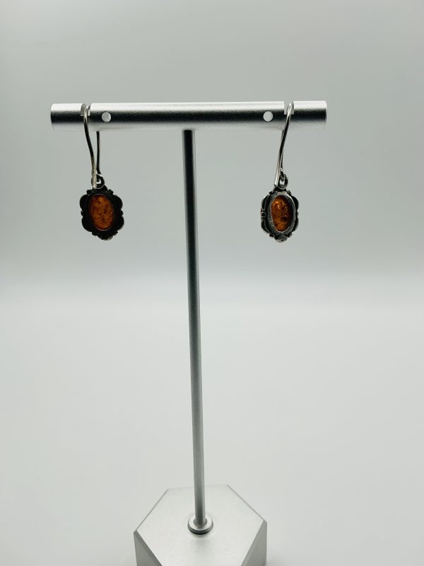 Sterling Silver Drop Earrings with Oval Amber Cabochons – Vintage Style - Image 4